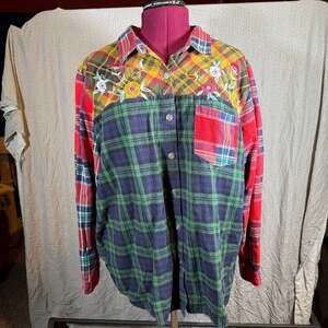 Vintage Mixed Plaid Patchwork Flannel Shirt with Floral Embroidery - Size 2XL